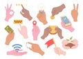Vector set of hands holding different stuff, hands gestures, icons of various online operations with money, rating Royalty Free Stock Photo