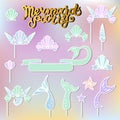 Vector set with handwritten lettering Mermaid Party, Seashell Crown, Tails.