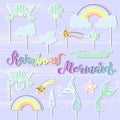 Vector set with handwritten lettering Mermaid, Rainbow, Seashell Crown, Tails, cloud, star