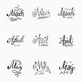 Vector set of handwritten lettering spring months, March, April, May, black text with decor on a white background