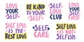 vector set of handwritten motivating inscriptions on the theme of self-love