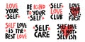 vector set of handwritten motivating inscriptions on the theme of self-love