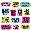 vector set of handwritten motivating inscriptions on the theme of self-love