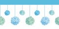 Vector Set of Hanging Blue Bay Boy Birthday Party Paper Pom Poms Set Horizontal Seamless Repeat Border Pattern. Great