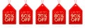 Vector set of hanging red sale tags with different percent numbers, isolated on white background. Royalty Free Stock Photo