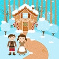 Vector Set of Hansel and Gretel in front of Fairytale Gingerbread House