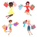 Vector Set of happy and cheerful pretty woman females jumping dancing with shopping bags.