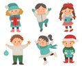 Vector set of happy children in different poses for Christmas design. Cute winter kids illustration Royalty Free Stock Photo