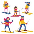 Vector set with happy family skiing on white background.