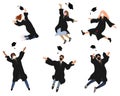 Vector set with happy graduate students in graduation clothing. Grads, jumping and throwing the mortarboards high into