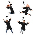 Vector set with happy graduate students in graduation clothing. Grads, jumping and throwing the mortarboards high into