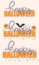 Vector set of Happy Halloween lettering with flying bats and pumpkin. Cute phrase for prints, labels, signs, stickers