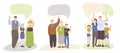 Vector set of happy joyful different generation families, waving hands, showing OK sign with speech bubbles above