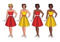 Vector set of happy pretty women different nationalities in beautiful vintage dresses
