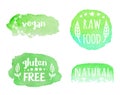 Vector set of healthy vegan, raw, gluten free, natural food labels.