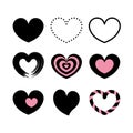 Vector set of heart black and pink outline, Different style draw the hand. Love symbol. Hearts vector. Valentines day elements. Royalty Free Stock Photo