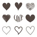 Vector set heart dark brown outline, draw the hand. Creative design set vector.