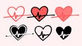 Vector set of a heart icon with a red pulse. hand-drawn doodle-style set of isolated black heart outline and silhouette for the Royalty Free Stock Photo