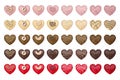 Vector set of heart shaped white, milk, red, pink and dark chocolate sweets decorated with nuts