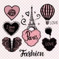 Vector Set of hearts hand draw and the Eiffel tower and Balloon.