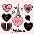 Vector Set of hearts hand draw and the Eiffel tower on pink fishnet tights seamless pattern. Royalty Free Stock Photo