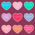 Vector set of hearts nine multicolored stickers in white stroke with text about love isolated on a dark background. Valentine s