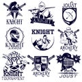 Vector set of heraldic knight labels in vintage style. Royalty Free Stock Photo