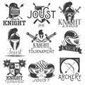 Vector set of heraldic knight labels in vintage style. Design elements, icons, logo. Warrior helmet and sword Royalty Free Stock Photo