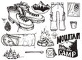 Vector set of highly detailed hand drawn camping stuff. Vintage signs collection.