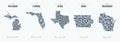 Vector set 6 of 10 Highly detailed silhouettes of US state maps, divided into counties with names and territory nicknames