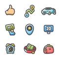 Vector Set of Hitchhiking tourism Icons. Thumb, place, Car, Price, Help, Road, Time, Low Cost, Luggage.