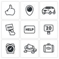 Vector Set of Hitchhiking tourism Icons. Thumb, place, Car, Price, Help, Road, Time, Low Cost, Luggage.