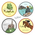 Vector set of hobbies, travel, sport, fishing, nature. Hand drawn stickers, labels, emblems and illustrations