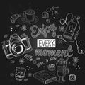 Vector set for the holiday. Camera, croissant, player, coffee, cakes. Royalty Free Stock Photo