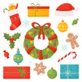 Vector set of holiday elements with Christmas balls, gingerbread, Rozhdestvenskaya wreath, gifts, Christmas sock.