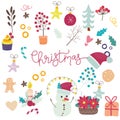 Vector set of holiday icons: sweater, Christmas ornaments, gingerbread cookies, candles, gift, snowman. Kids