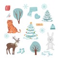 Vector set of holiday icons: sweater, Christmas ornaments, gingerbread cookies, candles, gift, snowman. Kids