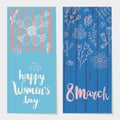 Vector set of holiday spring vertical cards, banners with brush pen lettering and doodle flowers. Royalty Free Stock Photo