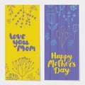 Vector set of holiday spring vertical cards, banners with brush pen lettering and doodle flowers.