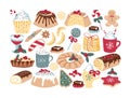 Vector set of holiday sweets. Set of lollipops, rolls, cupcakes, sweet drinks, cookies, cinnamon, anise, chocolates, gingerbread, Royalty Free Stock Photo