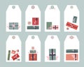 Vector set of holiday tags with hygge gift boxes with ribbons, branches decorations and copy space. Collection with label template