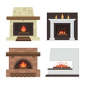 Vector set of home fireplaces with fire. Royalty Free Stock Photo