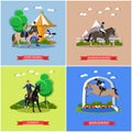 Vector set of horseback riding, show jumping, taming horses concepts