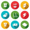 Vector Set of Hospital Icons. Drip, Patient, Mask, Heart, Scalpel and Scissors, Electric Discharge, Nurse, Ambulance