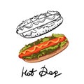 Vector set of hotdogs with mustard. Illustration vector. icon isolated on white. in color, and doodle outline black