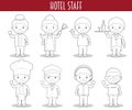 Vector Set of Hotel Staff Professions for coloring in cartoon style