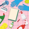 Vector set of household supplies cleaning product , tools of house cleaning on pink tile background with blank page open book for Royalty Free Stock Photo