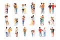 Set with hugging people. Friends, girlfriends, brothers, mothers and kids, couples in love. Cartoon characters with