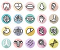 Vector set of human body parts and anatomy isolated flat style icons on colorful backgrounds with shadows