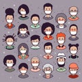 Set of human faces, avatars, people heads different nationality and ages in flat style wearing protective masks Royalty Free Stock Photo